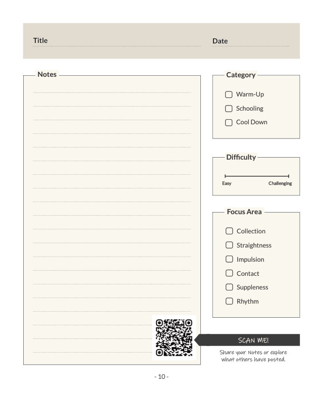 A notes page from the journal, with a lined notes area and tick boxes for category, difficulty and focus area.